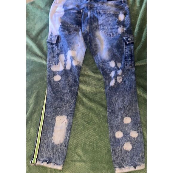 AHP Another Hype Piece super distressed fringed buckle paint splash stretch jean - Picture 4 of 13